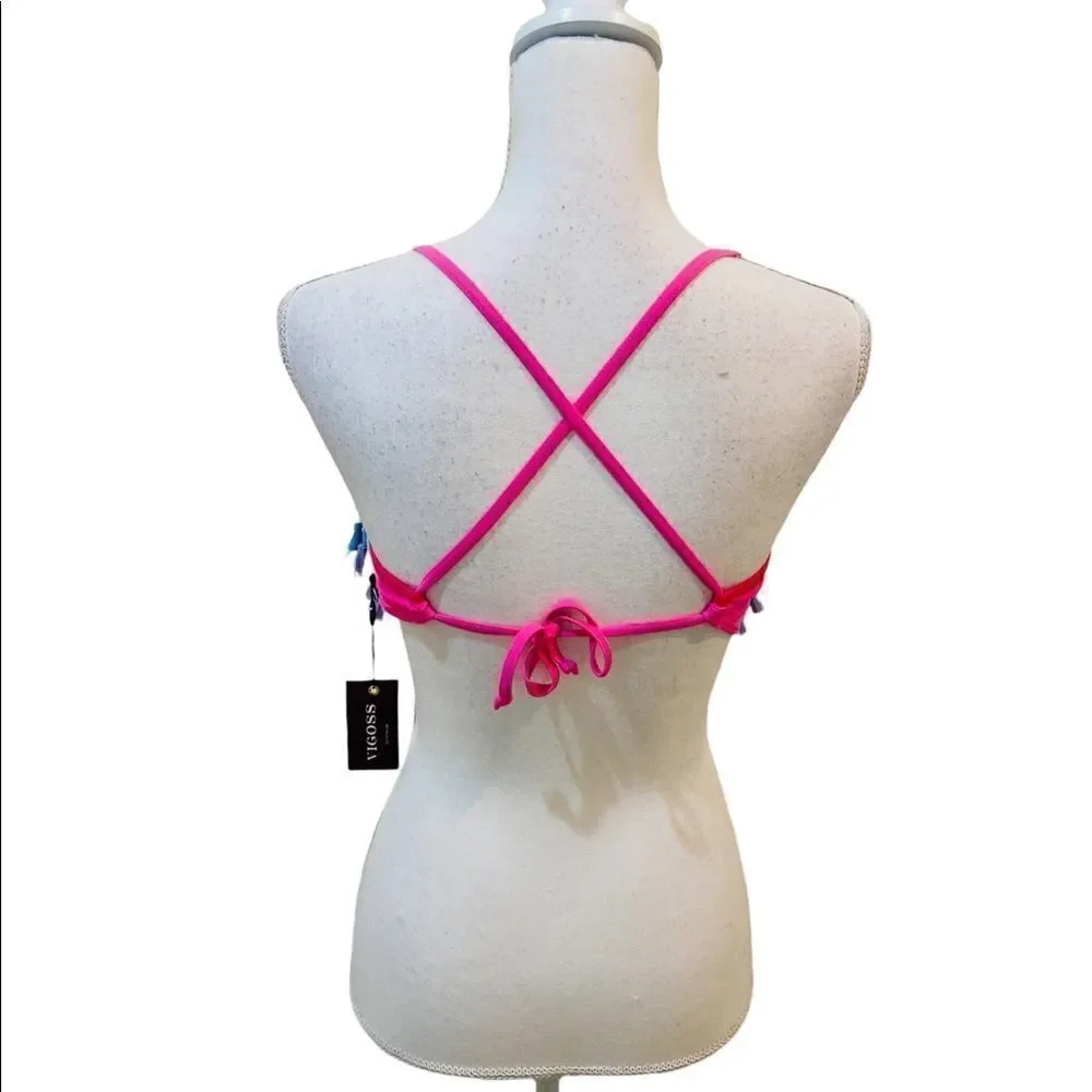NWT vigoss swim pink active top with turquoise fringe adjustable straps tie